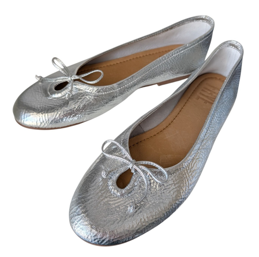 Frye Emma Metallic Silver Leather Ballet Flats Size 8.5 New Slip On Bow